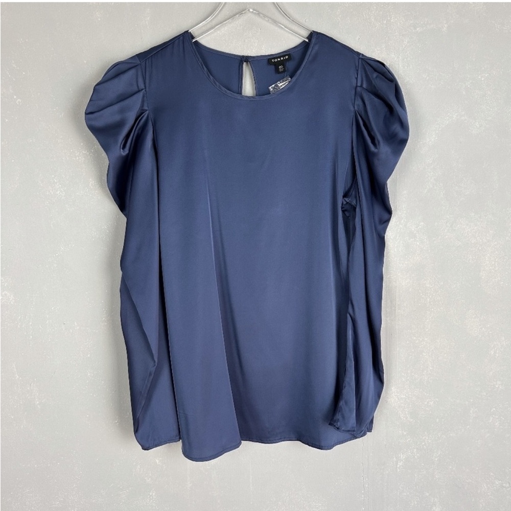 Torrid size 00 10 satin puff long sleeve blouse navy blue elegant NWT - Picture 2 of 11